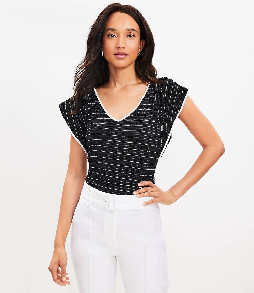 Ann Taylor LOFT Top Large Striped Flutter Sleeve V-Neck Black White Textured